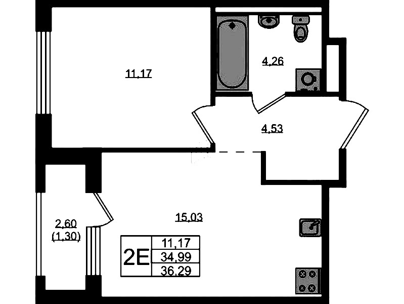 1-комнатная квартира 36.29 м², 5/12 эт., ЖК «GloraX Новоселье»